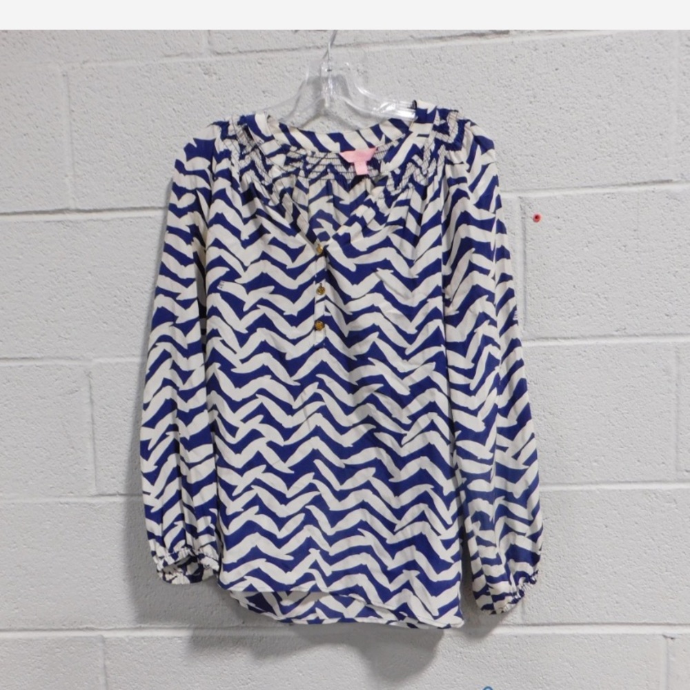 Lilly Pulitzer Elsa Blue and White Silk Chevron Blouse
